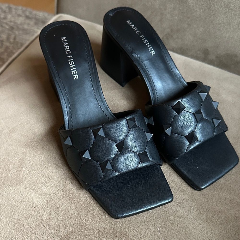 Marc Fisher Black Quilted Pyramid Stud Block Heel Mules NWOT